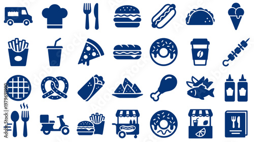 Collection of food and drink icons representing fast food delivery and street food culture