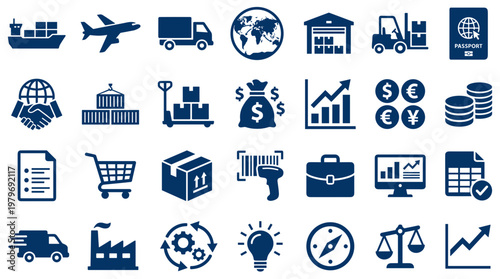 Logistics and supply chain icons representing global trade transportation warehousing and business operations with shipping and delivery concepts