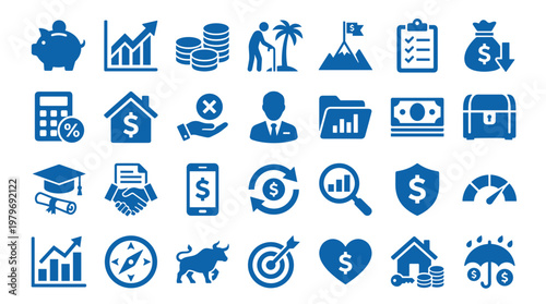Collection of blue finance and business icons representing investment growth savings and success in a modern flat design style
