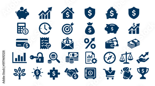 Collection of finance and business icons representing growth investment savings and success in a modern flat design style
