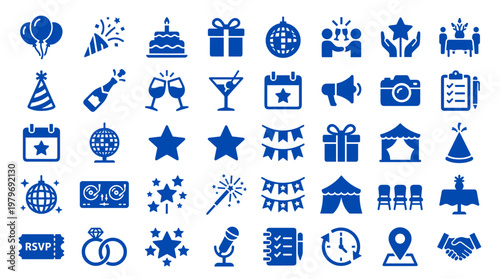 Collection of blue party and celebration icons representing events like birthdays, holidays, and gatherings with symbols for gifts, cake, balloons, and music