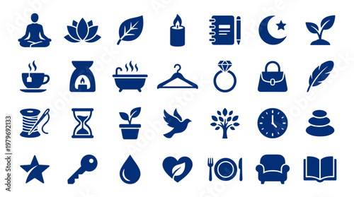 Collection of diverse blue icons representing wellness lifestyle hobbies and concepts on a white background