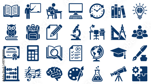 Collection of education and learning icons representing knowledge, science, art, and school supplies for academic success