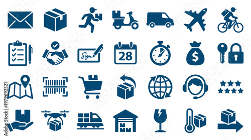 Logistics and delivery icons set representing shipping transportation services supply chain management and e-commerce operations