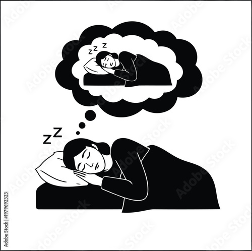 Black and white of a woman sleeping and dreaming pillow