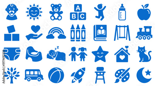 Collection of blue icons representing childhood, early education, and baby care items on a white background