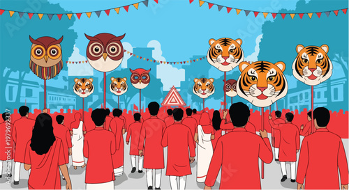 A vibrant cultural procession with a large crowd of people in red attire carrying owl and tiger face cutouts under festive banners.
