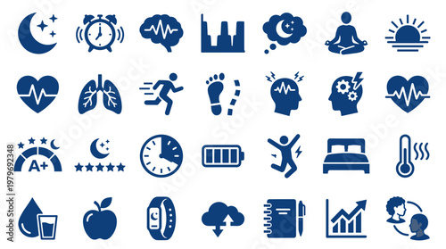 Healthy lifestyle icons representing sleep fitness wellness and energy balance for well being and health management concepts