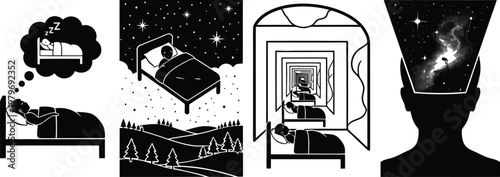 Four black and white depicting sleeping people and dream concepts