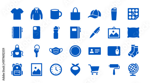Collection of blue merchandise and promotional items icons representing branding and marketing products for business and advertising purposes