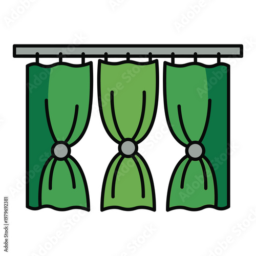 Green curtains hanging on a gray curtain rod indoors icon
