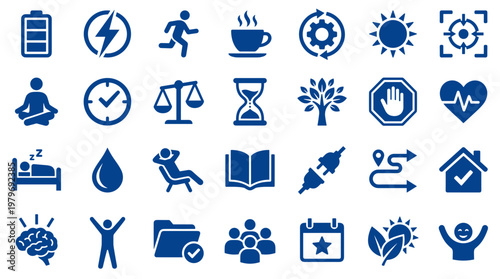 Collection of blue icons representing health wellness and lifestyle concepts like energy focus relaxation and productivity on a white background