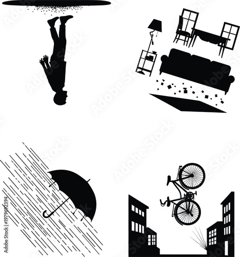 Four surreal black silhouettes of upside down and people