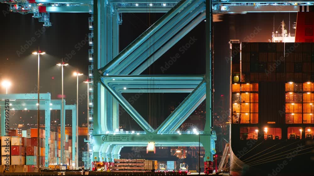 Timelapse of quay cranes lift and move shipping containers onto a large ...