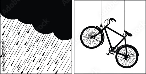 Split panel of rainstorm and suspended bicycle silhouette