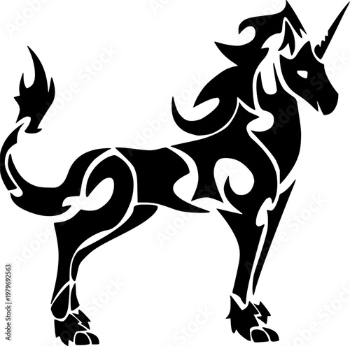 tribal black unicorn silhouette stencil vector on white background