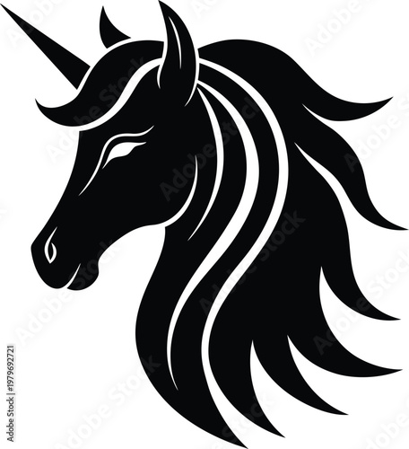Black and white silhouette of a unicorn head with flowing mane and sharp horn profile
