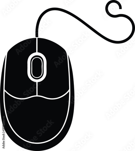 Black and white silhouette of a wired computer mouse with a scroll wheel and cord loop