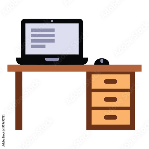 Laptop computer on a wooden desk with a mouse and three drawers icon