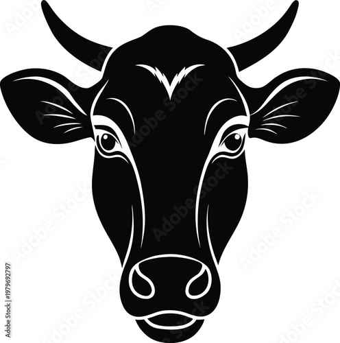Black and white silhouette of a cow head facing forward, isolated on a white background