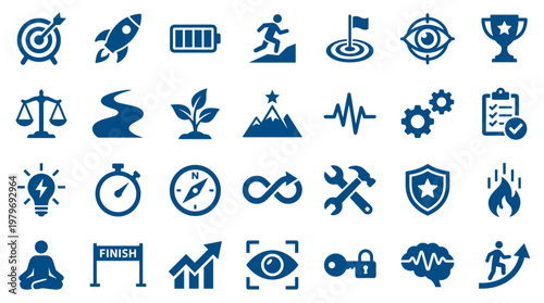 Collection of business and success icons representing growth strategy goal achievement and motivation concepts for presentations and web design