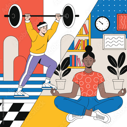 Illustration shows a split image with one side featuring a man weightlifting and the other a woman meditating