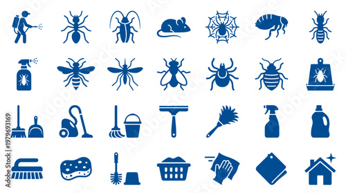 Collection of pest control and cleaning service icons representing insects, rodents, cleaning tools, and home hygiene for extermination and sanitation concepts