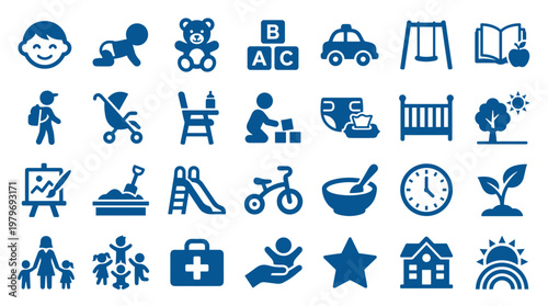 Collection of blue kindergarten and childcare icons representing early childhood education, play, and development for toddlers and babies