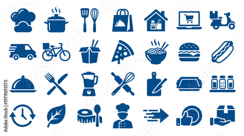 Collection of blue food and delivery service icons representing restaurant business, cooking, online ordering, and meal delivery concepts.