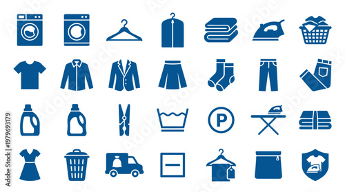 Collection of blue laundry and cleaning icons representing washing drying ironing and clothing care services for domestic and commercial use