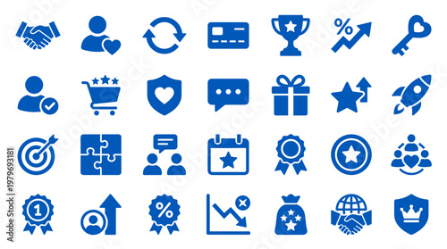 Collection of blue business and finance icons representing success growth strategy teamwork and achievement on a white background