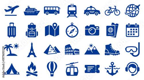 Collection of travel and vacation icons representing transportation accommodation sightseeing and adventure activities for tourism and leisure planning