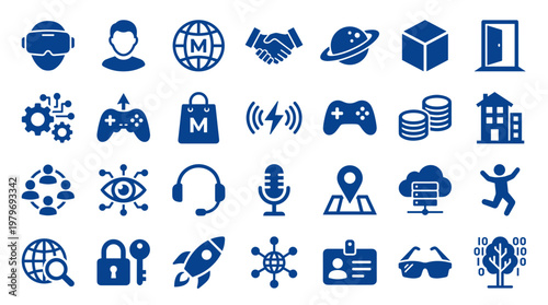 Collection of modern digital icons representing technology business innovation communication and global connection on white background