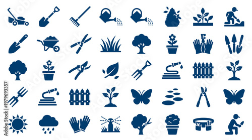 Gardening tools and elements icons set for landscaping and plant care illustration