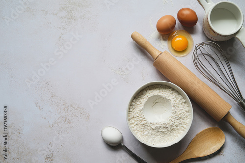 Baking Ingredients And Tools On Marble Countertop For Recipe Concepts
