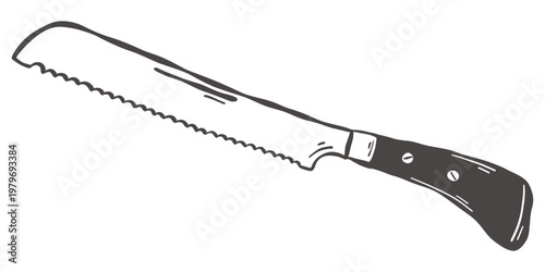 Bread knife with serrated blade in hand drawn vintage kitchen style