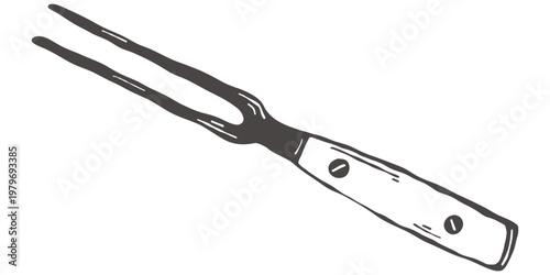 Carving fork for meat serving in hand drawn vintage kitchen style