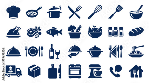 Collection of culinary icons representing food preparation, dining, and restaurant services with kitchenware and delivery elements
