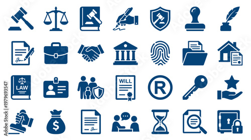 Collection of blue legal and business icons representing justice law finance and security concepts on a white background