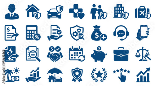 Collection of insurance and finance icons representing security protection and financial services for business and personal needs