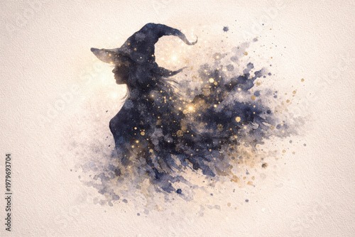 Mystical witch silhouette in cosmic watercolor style with glowing particles, blending magic, fantasy and celestial energy in dreamy artistic scene