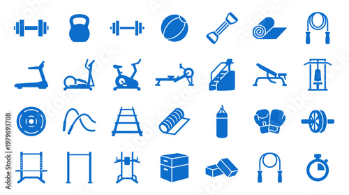 Collection of blue fitness equipment icons representing various exercise machines and tools for a healthy lifestyle and sports training