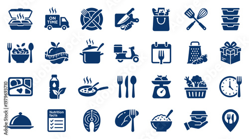 Collection of food and meal delivery service icons representing healthy eating, cooking, and online ordering for convenience