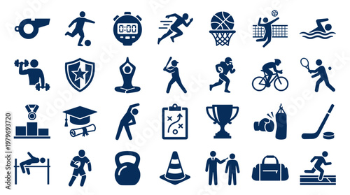 Collection of sports icons representing various athletic activities and achievements in a clean, modern design ideal for web and print.