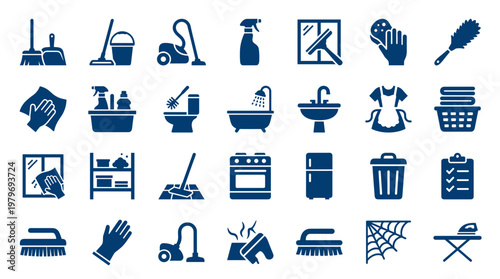 Collection of blue cleaning icons representing household chores and hygiene tools for home maintenance and sanitation services