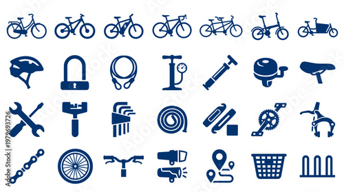 Collection of blue bicycle icons and accessories representing cycling lifestyle and maintenance on a white background