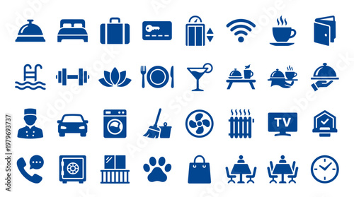 Collection of hotel and hospitality service icons representing amenities and guest services for travel and accommodation industry