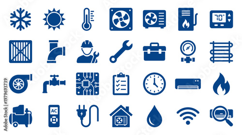 HVAC and Home Comfort Icons Set Blue Flat Design Symbols for Heating Ventilation Air Conditioning and Smart Home Technology
