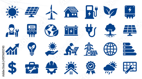 Collection of icons representing renewable energy sources, sustainable technology, and environmental conservation concepts for eco friendly projects