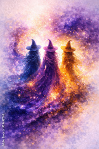 Three magical witches surrounded by glowing cosmic nebula in vibrant watercolor style, blending fantasy, stardust and dreamy mystical atmosphere